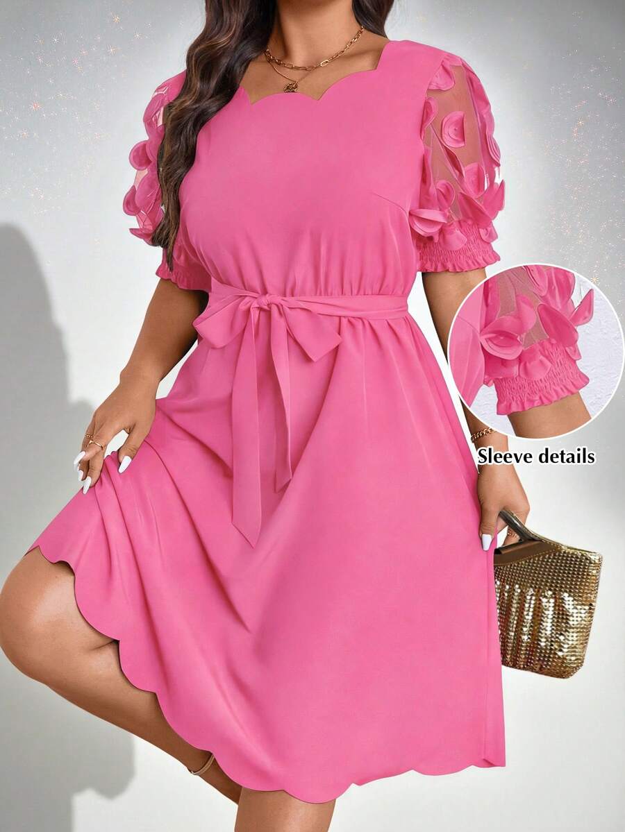 Rometta 大码女式优雅拼接3D立体花卉短款泡泡袖连衣裙 - 玫紅色 - 查看 1
