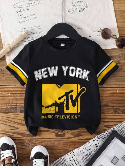 MTV | SHEIN Young Boy Summer Casual Letter Graphic Round Neck Short Sleeve T-Shirt