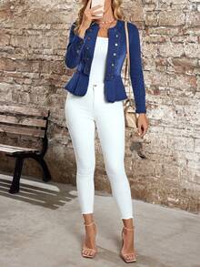 EMERY ROSE Chaqueta vaquera de manga larga con dobladillo de volantes de doble botonadura, versátil y de moda para vacaciones y viajes - Azul - Ver 7