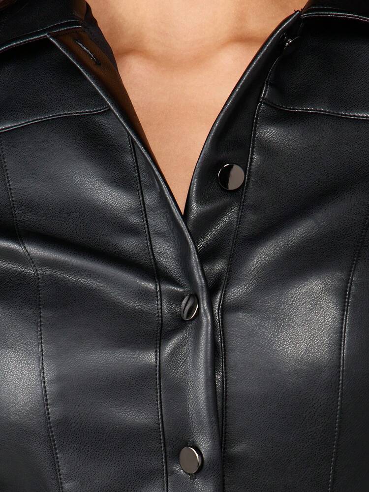 MISSGUIDED Women's Long Sleeve Faux Leather Mini Dress With Belt Button Down Collar Detail For Fall Winter Party Evening