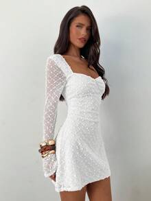 Aloruh Women's Elegant Square Neck Ruched Flare Sleeve Fitted A-Line Mini Dress White Sexy Dress Women,White Dresses For Women - White - View 4