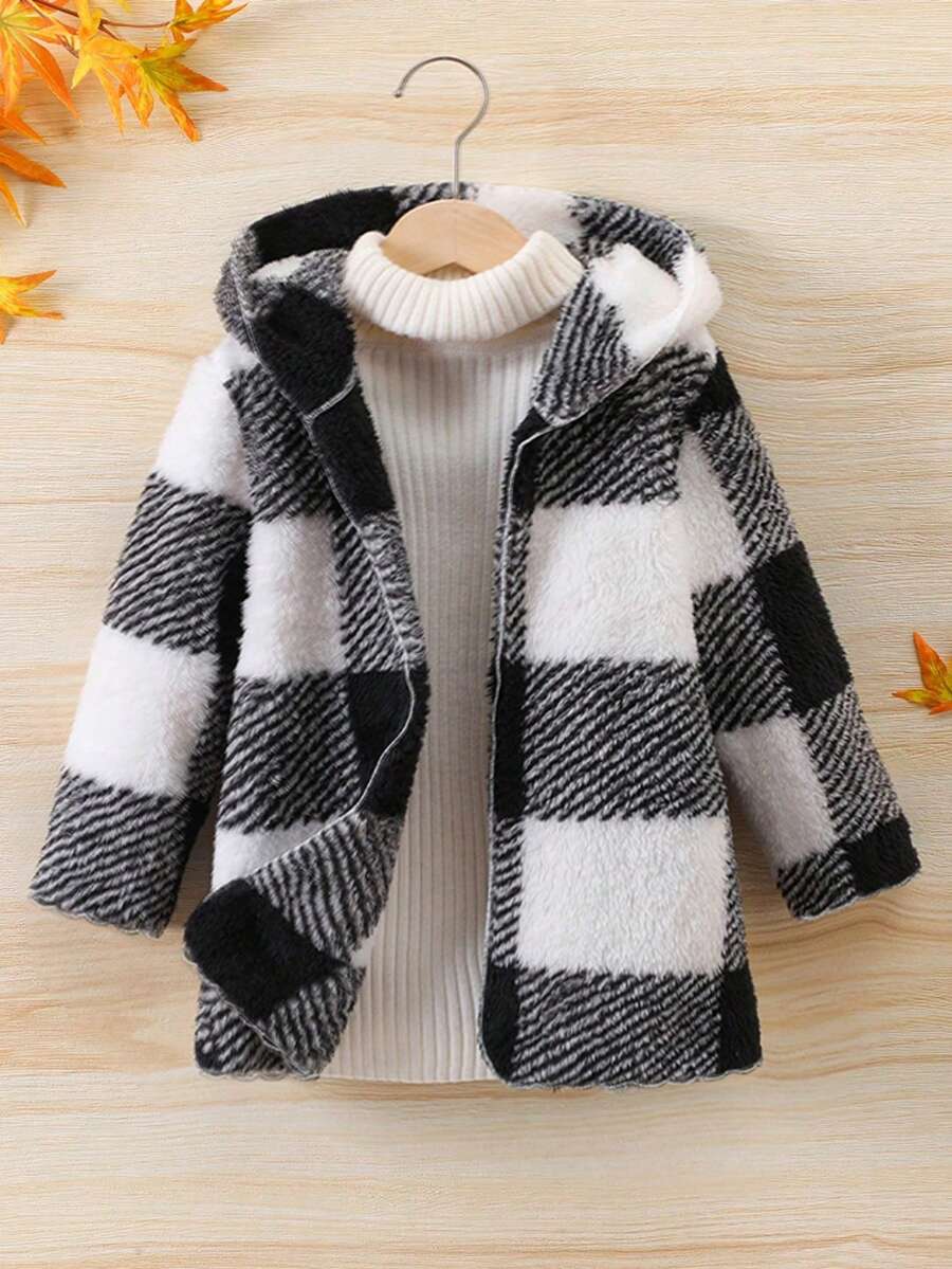 SHEIN Young Girl Buffalo Plaid Pattern Hooded Teddy Coat Without Sweater - Black - View 1