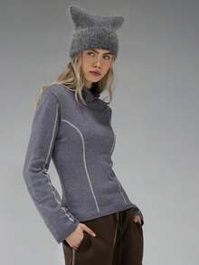 COUREZ 长袖高领罗纹针织上衣，不对称前襟纽扣设计 / Y2K 长袖上衣 外出上衣 女士上衣 冬季女装 灰色上衣 性感可爱上衣 - 深灰色 - 查看 4