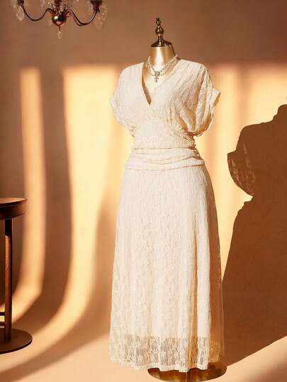 Rometta Plus Size Women Elegant Deep V Neck Ruched Dress, Lace Dress, Bridesmaid Gown Suitable For Banquet, Afternoon Tea, Party And Other Occasions