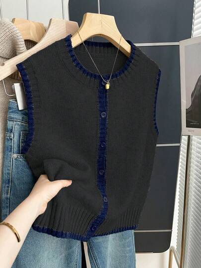 Franclia 法式复古宽松圆领无袖撞色滚边卡其色女士毛衣背心，适合秋冬季穿着