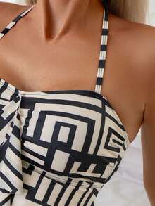 Swim Lushoire Women's Casual 2 Pieces Swimsuit Set, Ruched Bust With Floral Ruffles, Tie Neck, Tummy Control Tankini - Multicolor - View 6