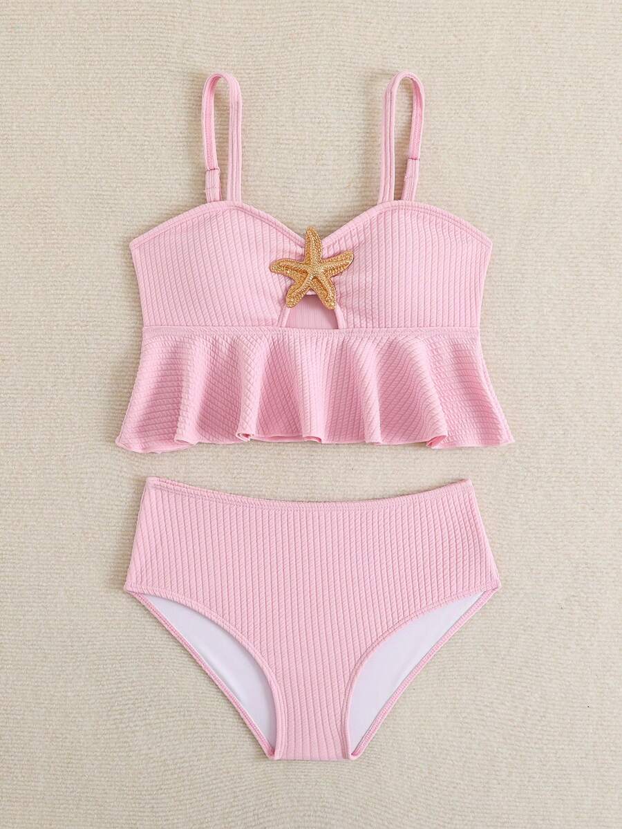 Tween Girl Pink Solid Color Ruffle Trim Spaghetti Strap Bikini 2 Pieces Set High Waist Mermaid Starfish Detail Cute Summer Beach Pool Holiday - Pink - View 1