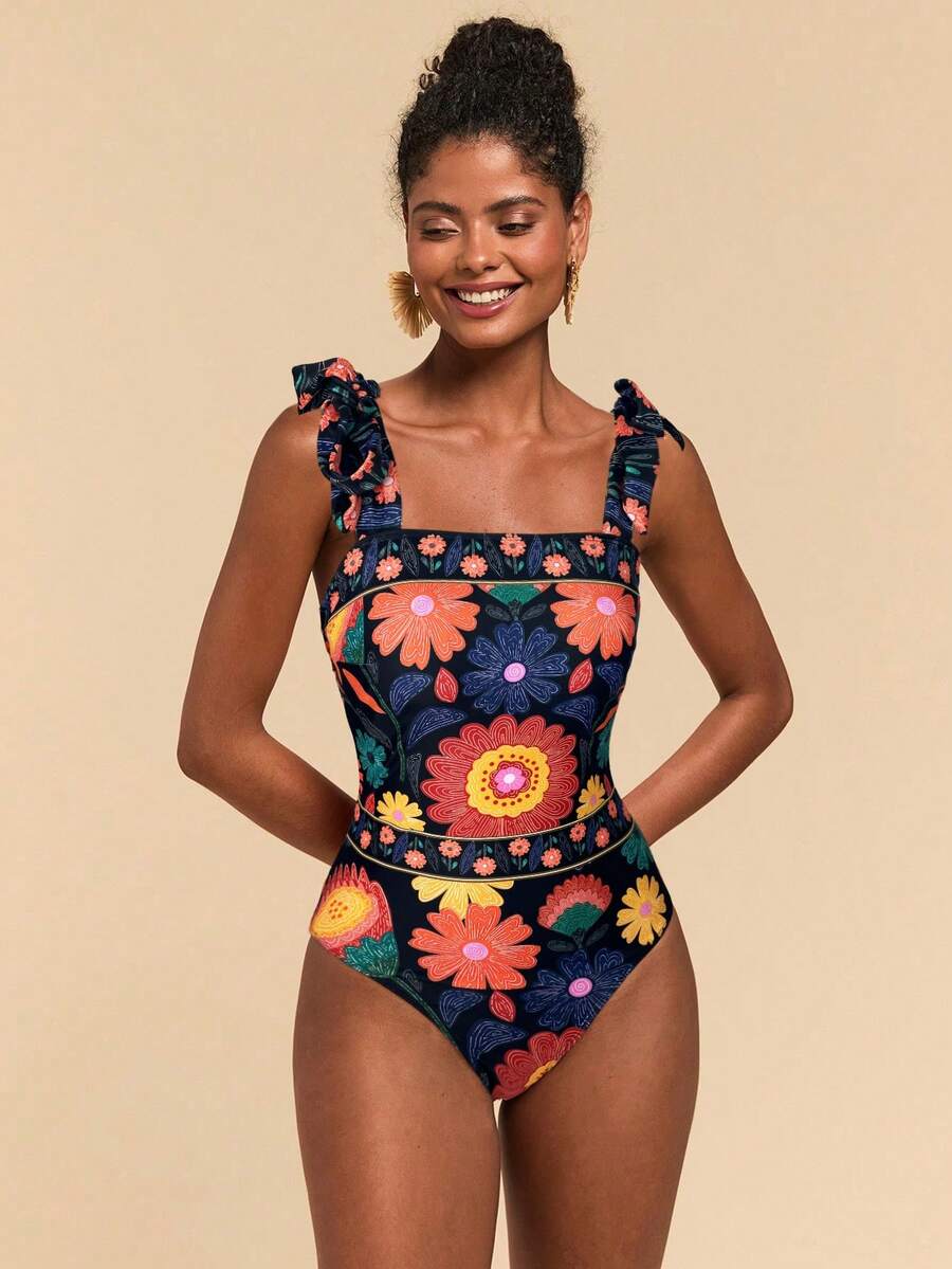 Travachic Traje de baño de una pieza con estampado floral y detalle de nudo frontal para mujer - Multicolor - Ver 1