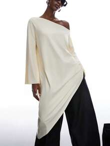 LYSMO 2026 新款极简主义春夏女装纯色不对称肩部不对称下摆时尚百搭度假长袖T恤 夏季/情人节/生日/外出上衣/女士外出上衣/优雅女式衬衫/女士休闲衬衫/度假/Y2K - 杏色 - 查看 3