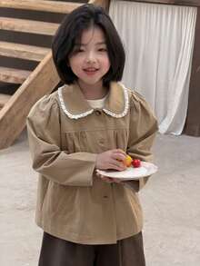 DAZY Young Girls Lapel Khaki Lace Patchwork Casual Long Sleeve Jacket, Spring/Autumn - Khaki - View 8