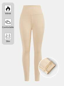 SHEIN Girlism Quần legging màu mơ trơn, cơ bản, dễ phối đồ, cạp chun, có gân, lót giữ nhiệt, dành cho bé gái tuổi teen, thích hợp cho mùa thu/đông. - Màu be - Xem 1
