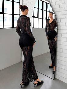Siren Gaze Black Lace Long Sleeve Shirt And Straight Leg Pants Set, Elegant Women's Lace 2 Pieces Outfit Lace Outfit Women Lace 2 Piece Set Elegant 2 Piece Set - Black - View 4
