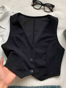 SHEIN EZwear 夏季背心/纯色纽扣前开襟短款马甲，秋冬季 - 黑色 - 查看 6