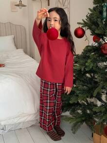 DAZY Young Girl Solid Color Round Neck Drop Shoulder Long Sleeve T-Shirt And Plaid Wide Leg Pants Loungewear Set
