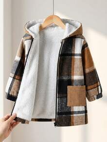 SHEIN Baby Boy 0-3 Years Unisex Casual Loose Fit Plaid Long Sleeve Hooded Winter Coat, Suitable For Outdoor, Home, Leisure And Sports Wear, Autumn/Winter Baby Boy Fall Winter Baby Unisex For Fall Winter Coats Newborn Baby Boy Late Fall Boy - Brown - View 9