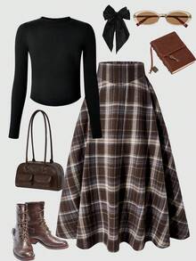 2pcs/Set Tween Girl Stand Collar Long Sleeve T-Shirt And Plaid Elastic Waist A-Line Skirt - Multicolor - View 3