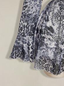 SHEIN ICON 大码女式豹纹网纱V领荷叶边迷你连衣裙，Y2K风格，适合秋季、约会、性感场合，女士秋季连衣裙，优雅女式连衣裙 - 彩色 - 查看 7