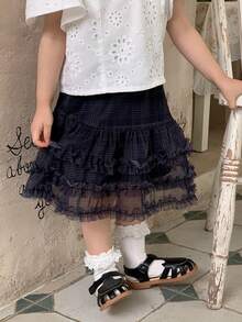 DAZY Baby Girl Plaid Patchwork Ruffle Hem Mesh Skirt - Blue - View 1