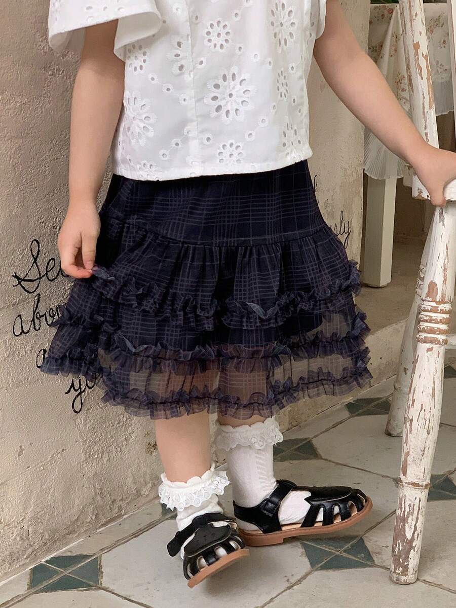 DAZY Baby Girl Plaid Patchwork Ruffle Hem Mesh Skirt - Blue - View 1