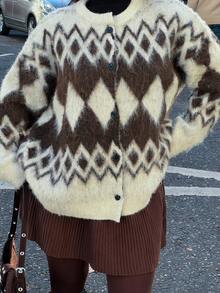NegzBox Cardigan casual e ampio da donna in maglia spessa con motivo geometrico colorblock, adatto per l'autunno e l'inverno, per l'ufficio, il Capodanno e il Natale - Castano - Visualizzare 3
