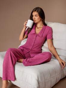 Lazeform 女士简约纯色翻领单排扣修身短袖阔腿裤休闲套装，适合户外穿着 - 玫紅色 - 查看 3