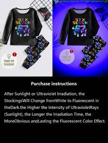 67 Digital Home Wear 1Set Boys' Glow-In-The-Dark Cartoon Numeric Character Print Long Sleeve Top And Pants Snug Fit Pajamas, Spring/Autumn/All Season