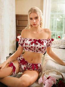 FloralLove 3-częściowy komplet bielizny damskiej z satyny żakardowej z kwiatowym nadrukiem i romantyczną koronką w kwiaty - Różowy - Zobacz 2