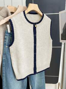 Franclia French Retro Loose Round Neck Sleeveless Contrast Trim Khaki Women Sweater Vest, Suitable For Autumn/Winter Women Outfits