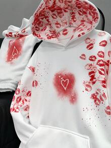 PAVTROS Men's Street-Style Red Lip Graffiti Print Hoodie Set, Suitable For Outdoor Music Festivals, Casual Outings, Gifts For Boyfriend/Husband, Anniversary,Perfect For Dates And Couple Outfits, An Ideal Valentine's Day Gift For Your Husband Or Boyfriend - White - View 4