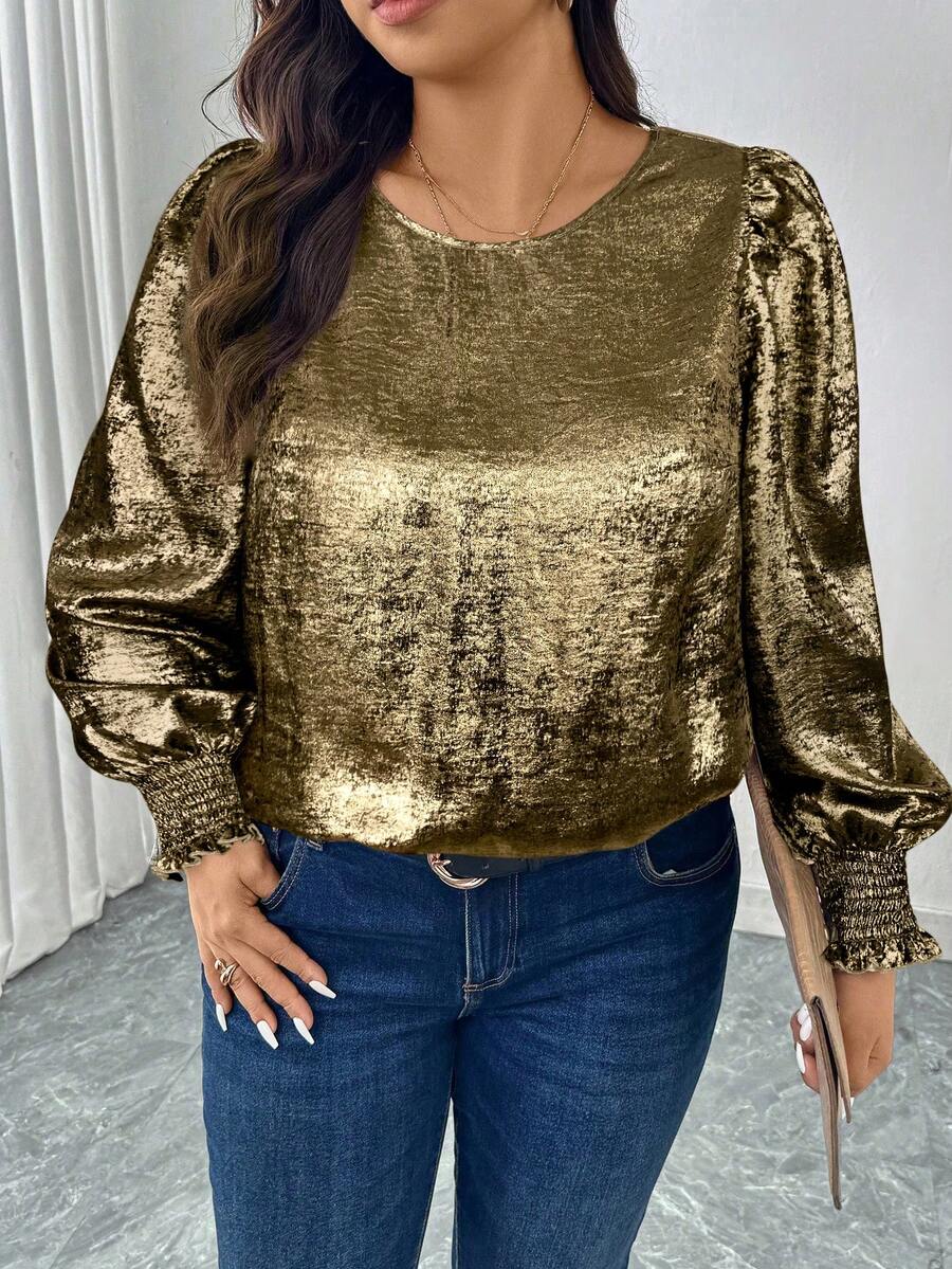 SHEIN LUNE 圆领金属箔泡泡袖衬衫 - 金色 - 查看 1