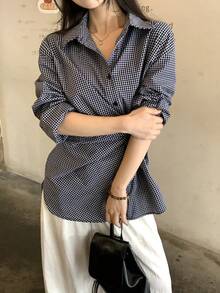 DAZY Women's Casual Tie-Up Korean Style Plaid Long Sleeve Shirt