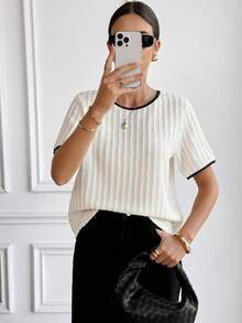 Serisse Women's Contrast Color Bow Decor Round Neck Short Sleeve T-Shirt,Women's Summer Short-Sleeved Top With A Bow Detail On The Back,Color-Blocked Trim T-Shirt,Apricot Loose Fit Short-Sleeved T-Shirt,Vertical Striped Crepe Textured Stretch Fabric,Elegant French-Style Versatile Top.Summer Outfit Women,Beach Outfits For Women,Going Out Top,Vacation Outfits Women,Summer Holiday Outfits,Holiday Outfits For Women Casual Resort - Blue and White - View 9