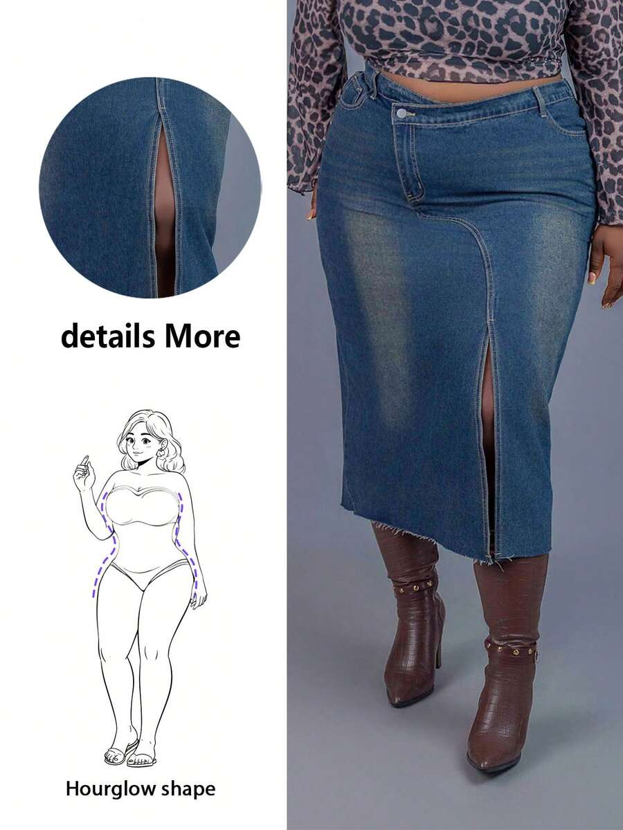 CurvyTilda Plus Size Women Casual Denim Mini Skirt, Suitable For Daily Wear, For Hourglass Body Shape