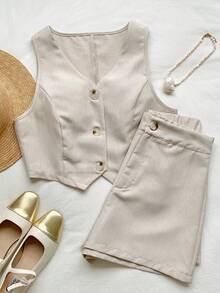 Comfortcana Ladies' Single-Breasted Suit Vest And Shorts Set In Fall/Winter - Apricot - View 4