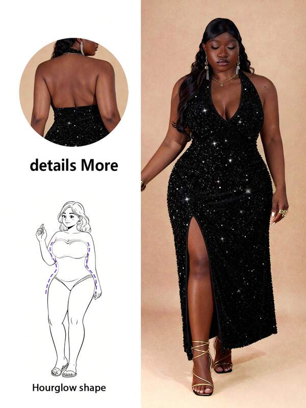 CurvyTilda Váy Maxi xẻ tà cao cổ chữ V cỡ lớn đính sequin