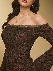 Poéselle 女士时尚露肩长袖优雅短裙 - 棕色 - 查看 5