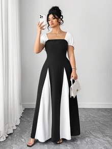SHEIN Tall CURVE Plus Size Women's Elegant Contrast Color Tie Waist Square Neck Puff Sleeve A-Line Dress - Multicolor - View 5