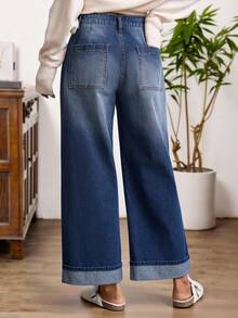 EMERY ROSE 女士撞色缝线前袋休闲百搭牛仔裤阔腿牛仔裤高腰宽松直筒裤，七分裤，秋冬服装，约会装，日常穿着，工作装，新年/圣诞节 - 中等水洗藍 - 查看 3