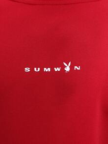 PLAYBOY X SUMWON Classic Oversized Long Sleeve Crew Neck Sweatshirt With Bold Back Logo Print And Small Chest Branding Winter Fall Casual - Red - View 6