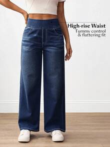 SHEIN Tall CURVE 大码女式休闲直筒牛仔裤 - 藍色 - 查看 6