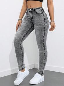 SHEIN ICON Plus Size Women's Solid Color Casual Jeans - Grey - View 5