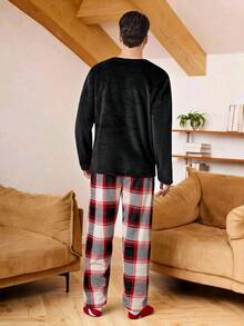 SHEIN 男士法兰绒格子印花舒适家居服套装，圣诞节，蓬松冬季服装 - 黑色 - 查看 3