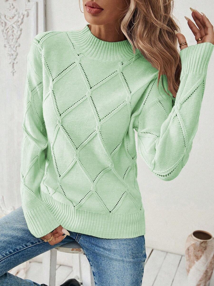 SHEIN LUNE Women's Solid Color Minimalist Casual Long Sleeve Fitted Pullover Sweater - Green - View 1