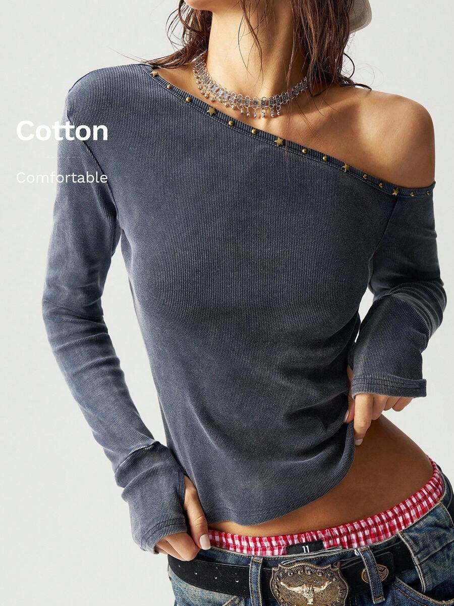 Bohemela 女士休闲纯色针织不对称领口短袖 T 恤 - 黑色 - 查看 1