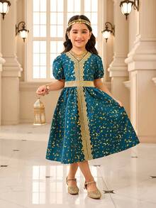 1pc Girls Green Moon & Star Print Floral Trim Princess Style Short Sleeve Mini Dress, Elegant For Daily Wear, School, Party, Photo Shoot, Family Gathering Girls Turquoise Dress Kids Jacquard Dresses Girls Dresses Elegant Teal Toddler Girls Kids Arabic Dress Kids Dresses For Girls Blue - Dark Green - View 7