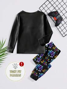 67 Digital Home Wear 1Set Boys' Glow-In-The-Dark Cartoon Numeric Character Print Long Sleeve Top And Pants Snug Fit Pajamas, Spring/Autumn/All Season