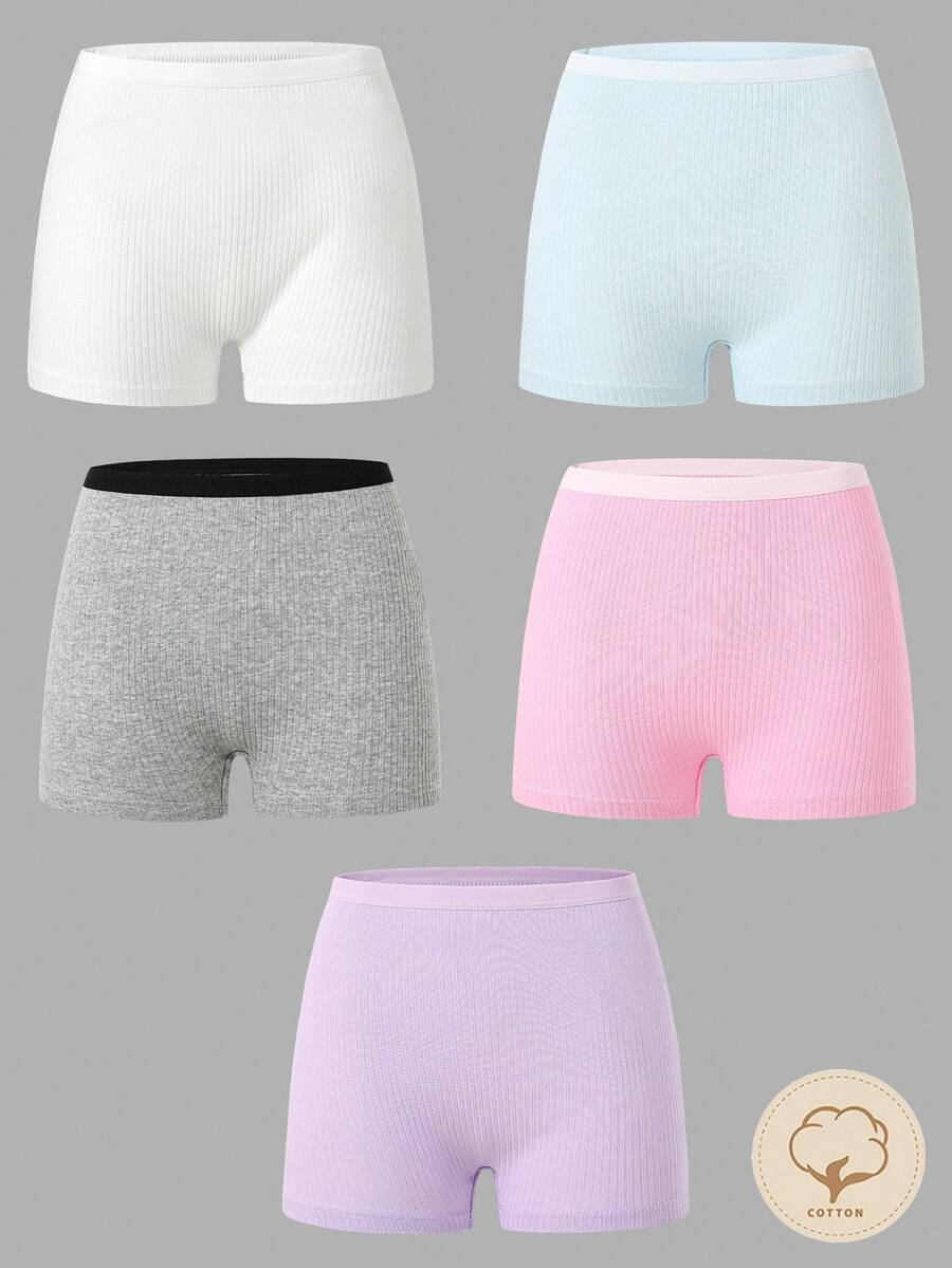 Tween Girls Panties-Ribbed High Waist Full Coverage Elastic Waistband White Light Blue Gray Pink Lavender All Season 2026 New Year Essential Versatile And Comfortable Warm And Cute Style - Multicolor - View 1