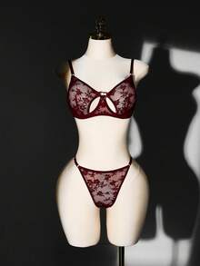 SHEIN 大码性感蕾丝镂空两件套内衣套装 - 酒紅色 - 查看 6