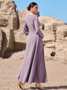 Al Najma Robe élégante et à la mode pour femme, style arabe, avec ceinture à nouer - Mauve - Voir 2