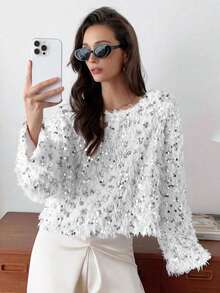 Elyressa 1件装 时尚蓬松亮片欧式宽松圆领套头毛衣，短款柔软舒适优雅女士冬季毛衣 - 白色 - 查看 8